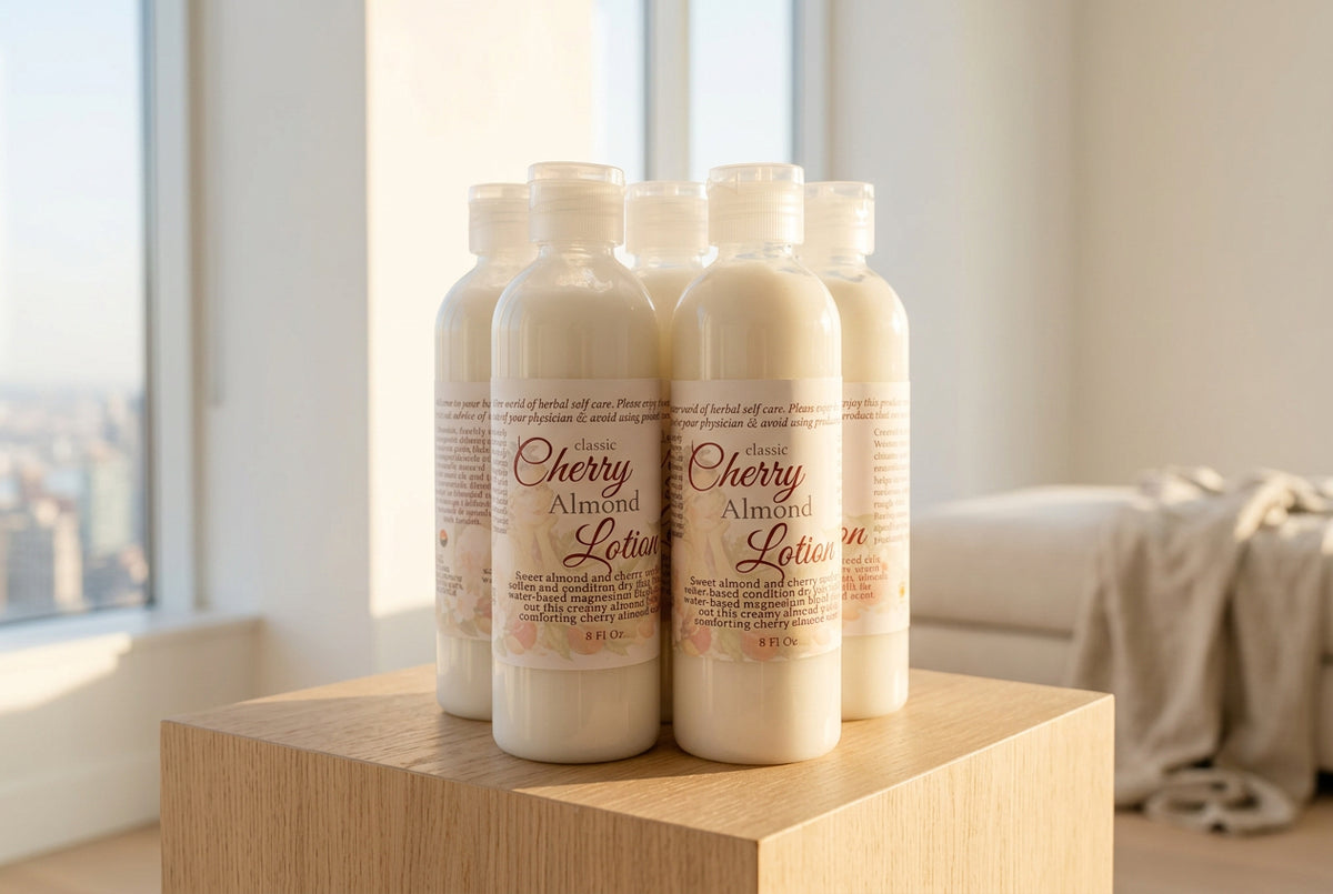 Five bottles of skin lotion on a wooden table