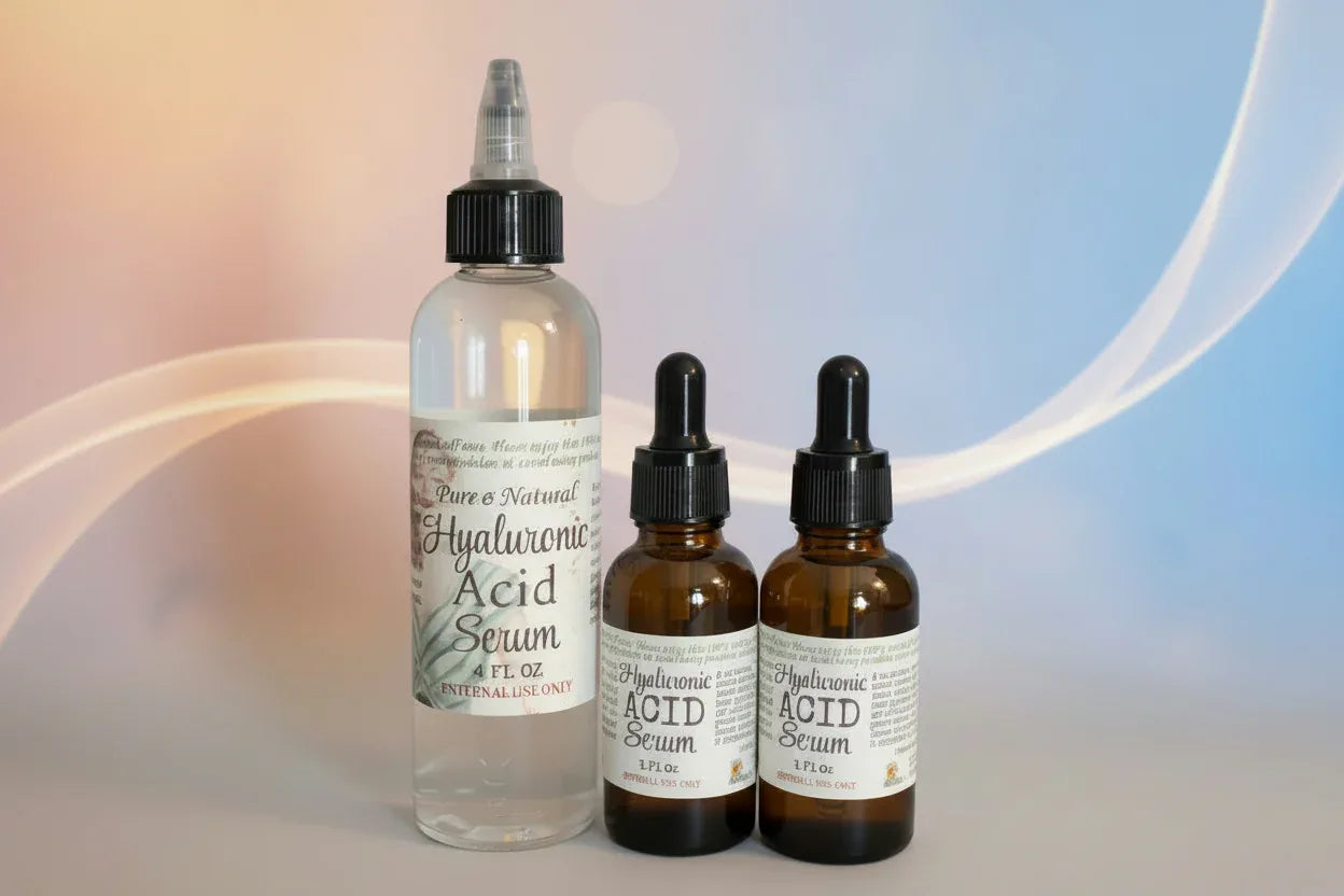 Three bottles of hyaluronic acid serum on a white background