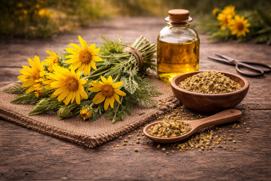 Arnica flowers on a rough wooden surface