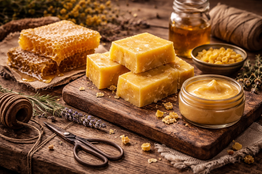 Beeswax and honeycomb on a rough wooden surface