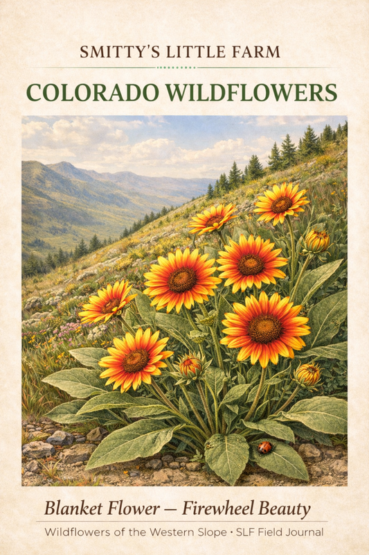 An illustration of blanketflower on a mountainside