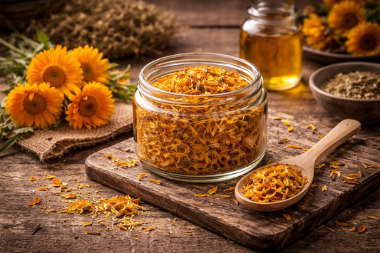 Calendula petals in a glass jar on a rugged wood surface