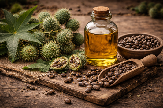 A bottle of castor oil on a rough wooden table with castor beans and leaves spread nearby