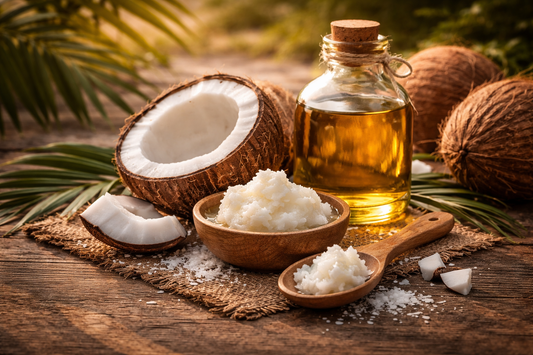 A split coconut and a bottle of coconut oil on a rough wooden surface