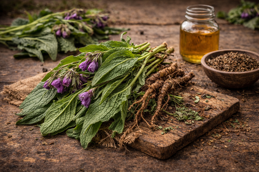 Freshly harvested comfrey on rustic table