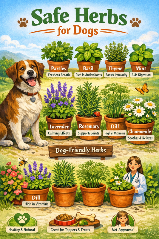 A poster showing herbs that are considered safe for dogs
