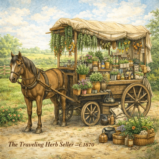 A horse drawn herb sellers cart with plants 