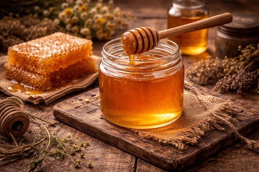 A jar of golden honey sitting on a rough wooden table