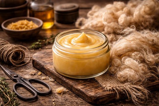 A jar of lanolin on a rough textured table