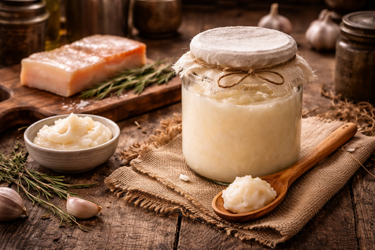 A jar of lard on a rough wooden table