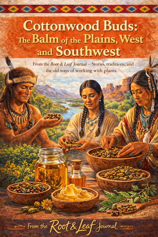 An illustration of Native Americans cleaning cottonwood buds in bowls on a wooden table