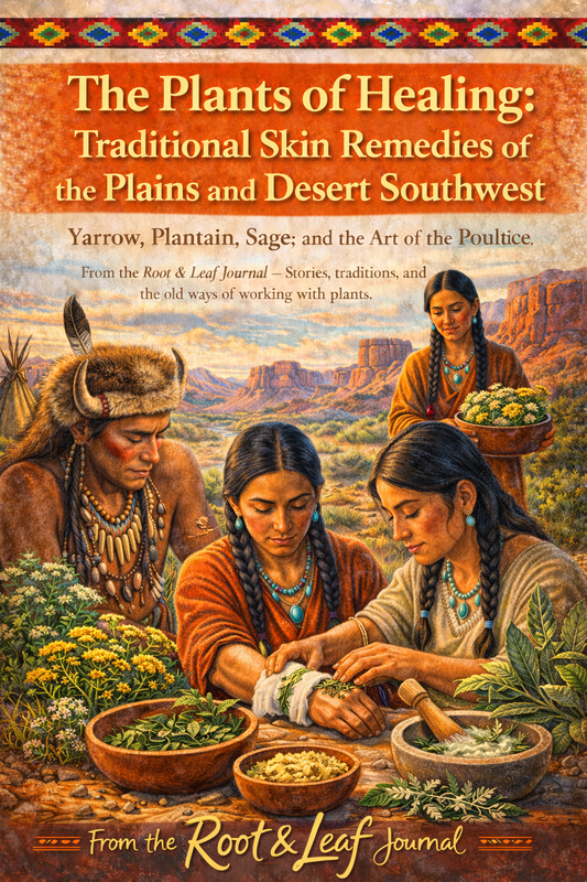 Native Americans treating a wound with plants against a backdrop of mesas and wildflowers
