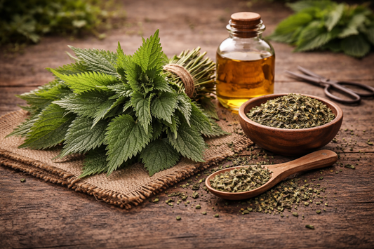 Stinging nettle leaves tied in a bundle on a rough textured wood table