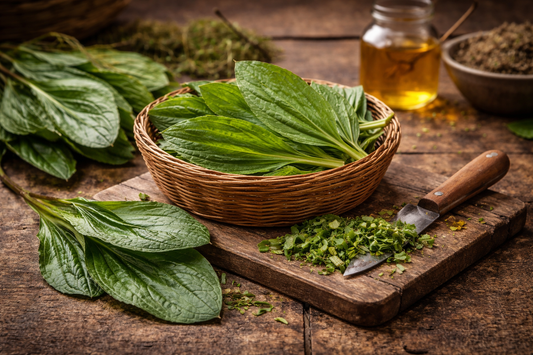 Plantain leaves laying in a wicker basket on a rugged wooden table