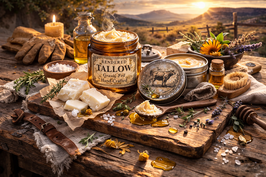 A jar of tallow on an outdoor table with a background of mountains