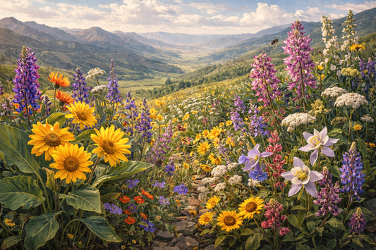 An illustration of a mountain meadow with wildflowers in bloom