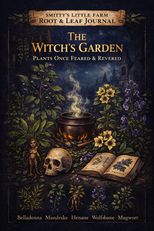 A dark image showing a cauldron, skulls and a witch's garden