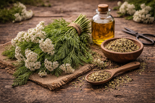 A bundle of yarrow sitting on a rough wooden board
