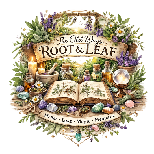 En emblem showing an ancient book open to information about herbs with herbs and flowers hanging all around it