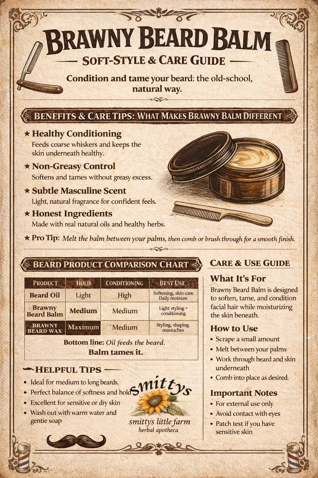 Brawny Beard Balm Natural Beard Balm for Conditioning, Control & Everyday Discipline - smittyslittlefarm