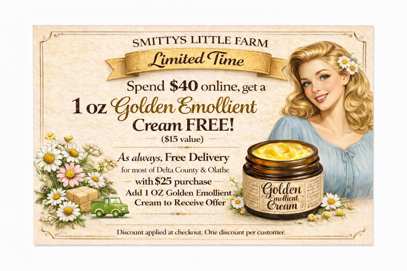 Promotional flyer for Smitty's Little Farm Golden Emollient Cream with a woman's face and product illustration.