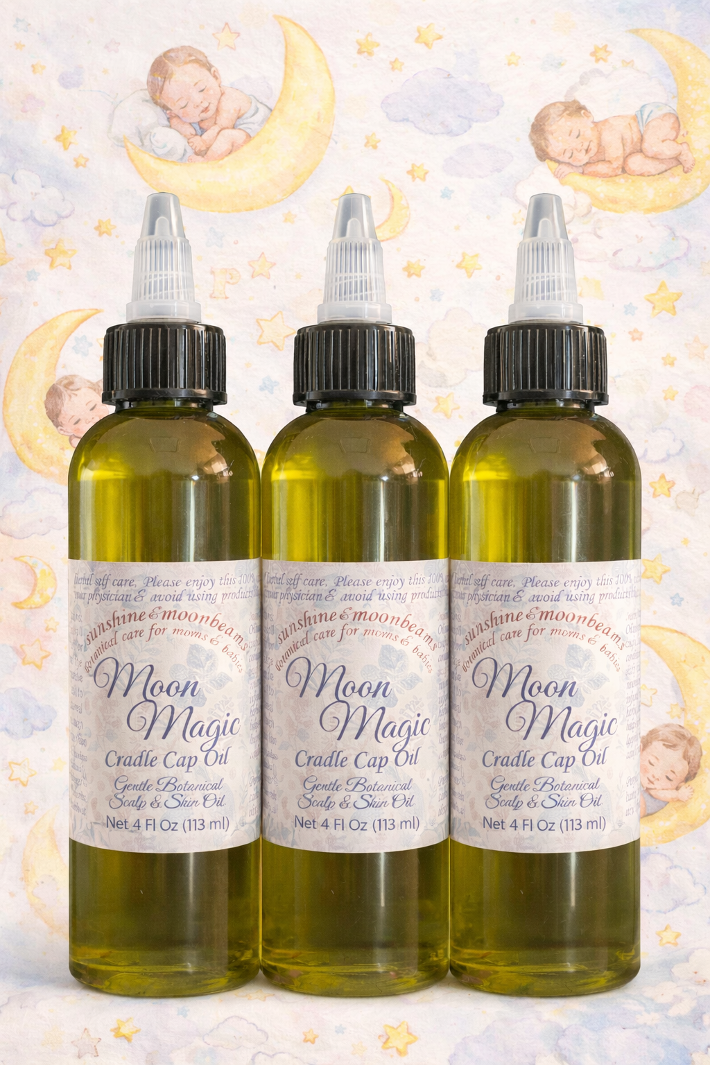 Three bottles of Moon Magic Cradle Cap Oil with labels on a celestial-themed background.