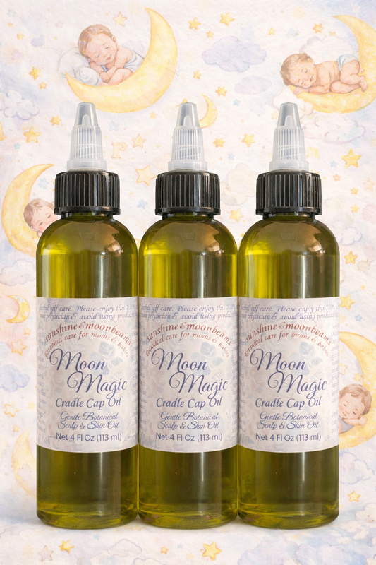 Three bottles of Moon Magic Cradle Cap Oil with labels on a celestial-themed background.