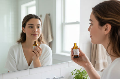 Young woman looking in mirror holding a bottle of Cleansing Face Serum
