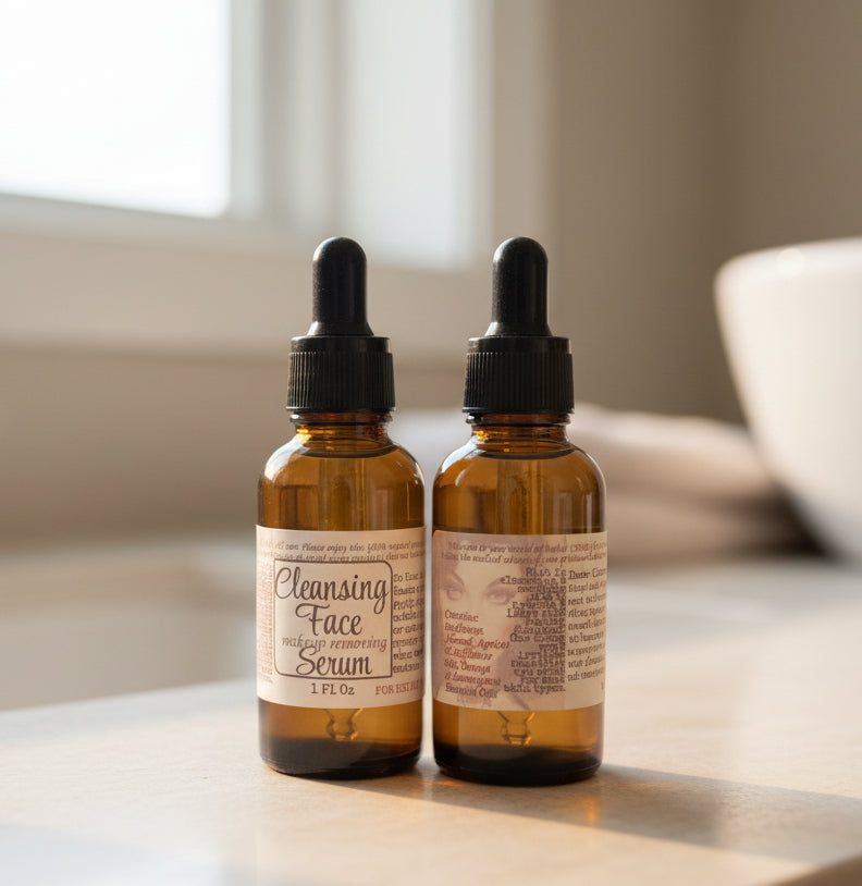 Two bottles of cleansing face serum with droppers on a white background