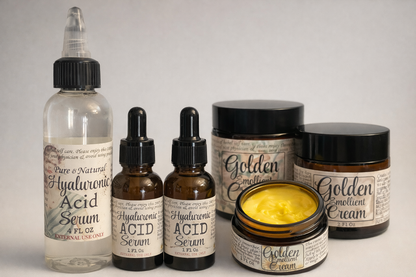 Collection of skincare products including bottles and jars with labels on a neutral background