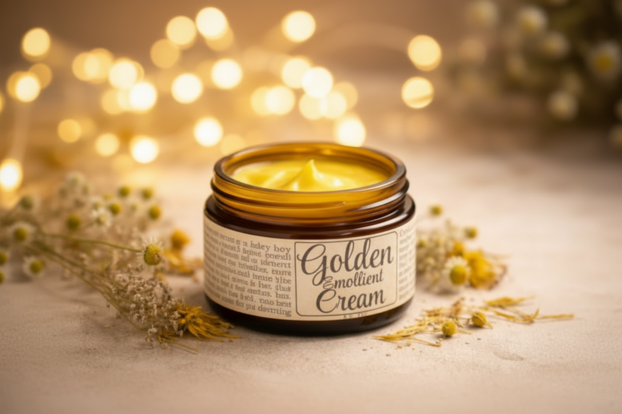 Jar of Golden Emollient Cream with a label on a textured surface with flowers.