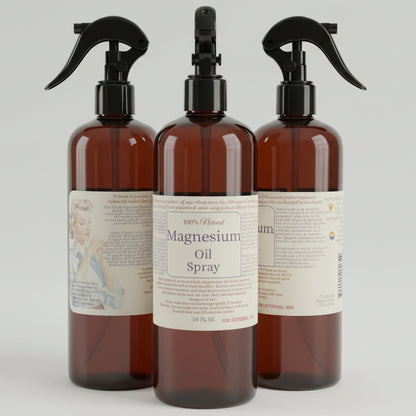 Three black spray bottles of magnesium oil spray with labels on a dark surface