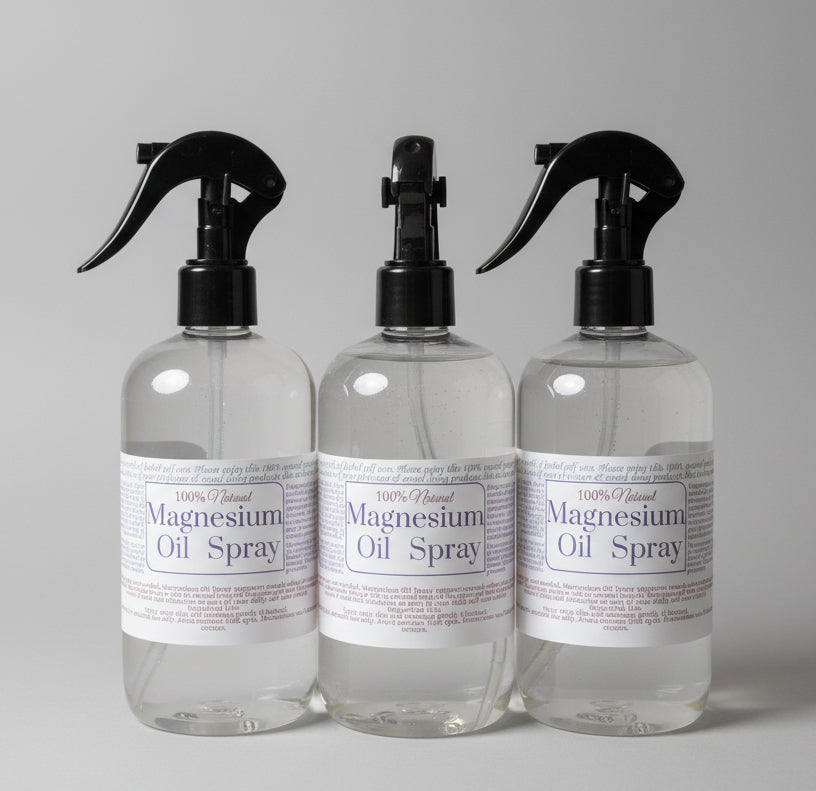 Three bottles of magnesium oil spray on a light background
