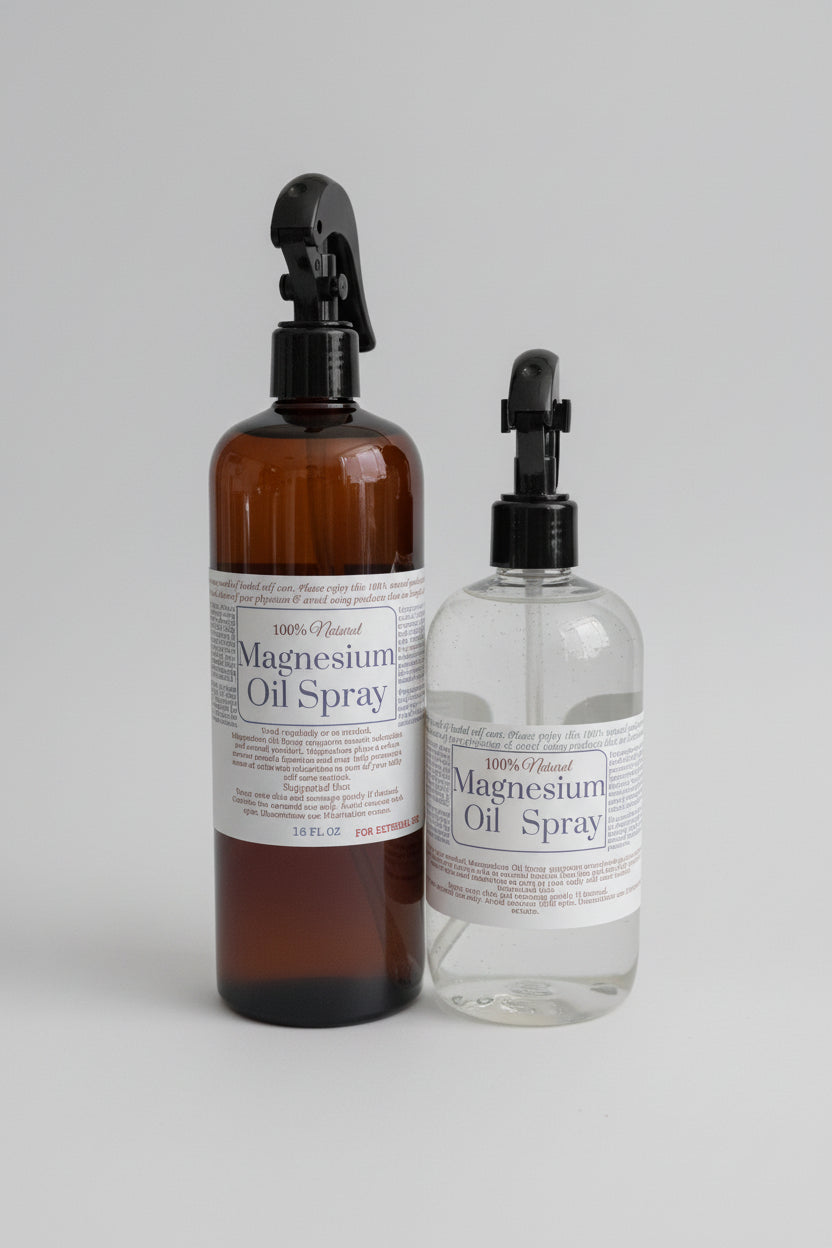 Two bottles of magnesium oil spray on a light background