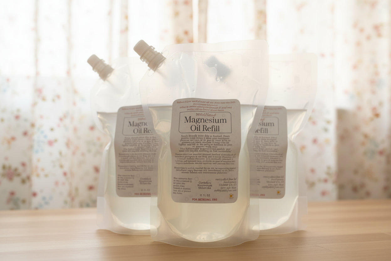 Three magnesium oil refills on a wooden surface with a floral curtain background