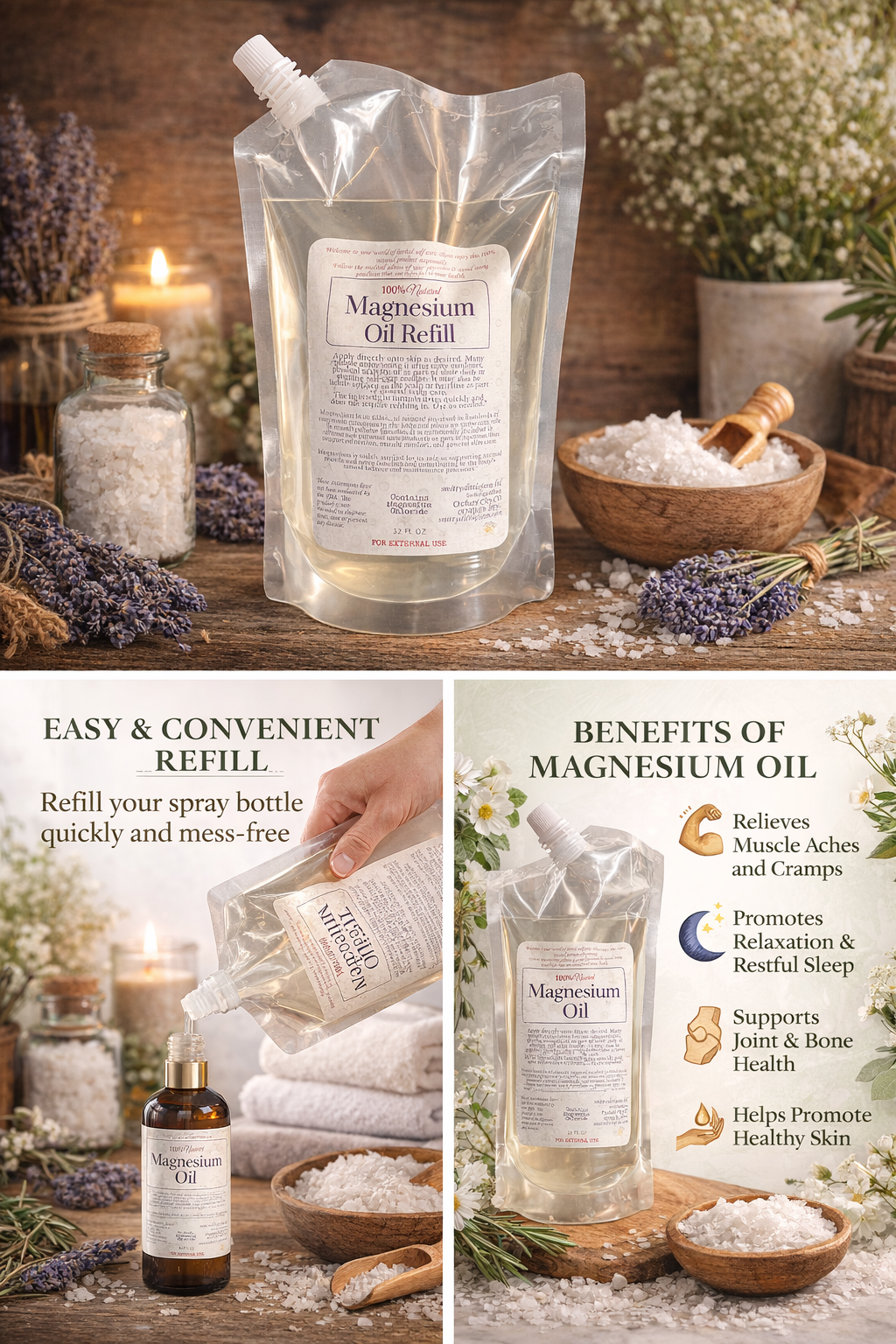 Magnesium oil refill packaging with benefits and usage instructions on a wooden surface.