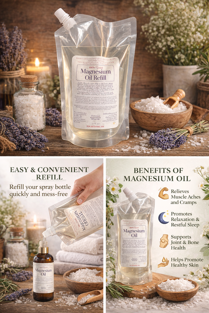 Magnesium oil refill packaging with benefits and usage instructions on a wooden surface.