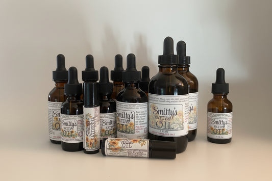 Smitty’s Native Oil bottle for massage and body care
