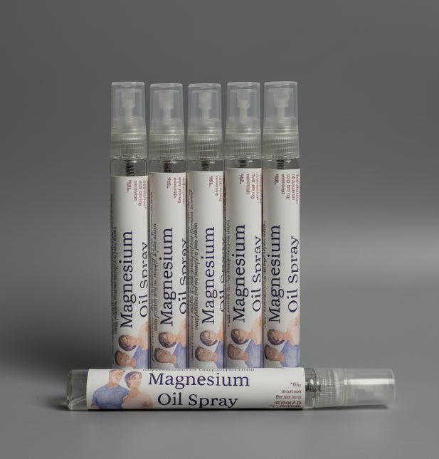 Multiple bottles of magnesium oil spray on a gray background