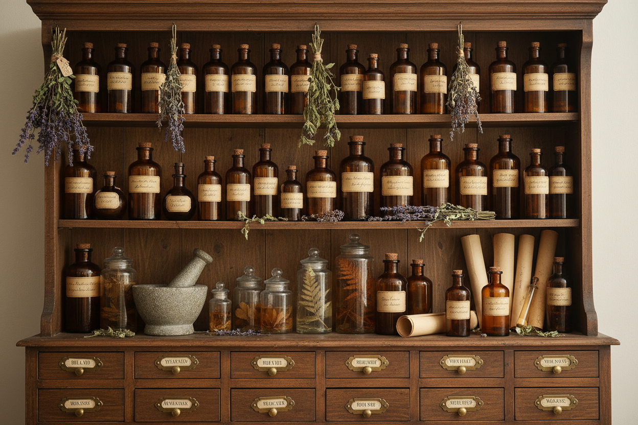 Make a picture of an apothecary cabinet with many brown bottles and herbs